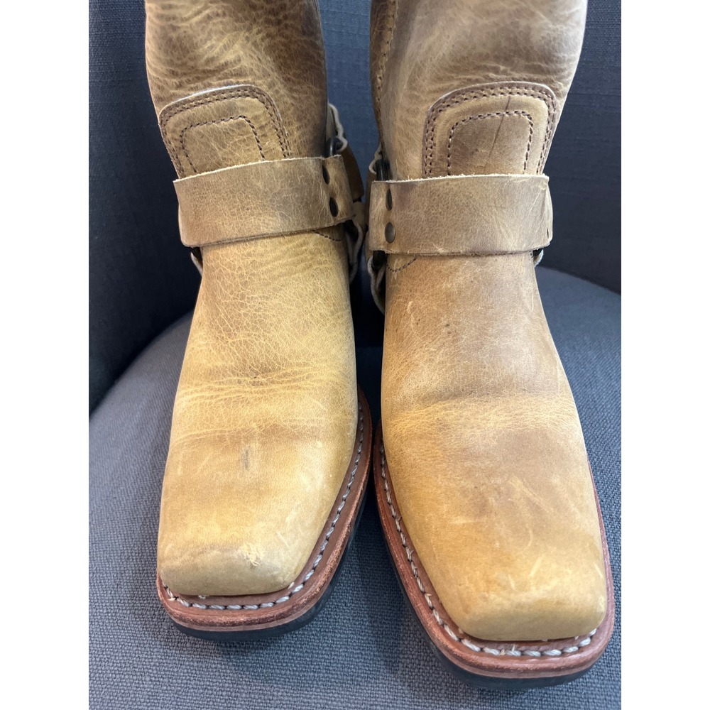 Frye Womens‎ Tan Leather Harness Motorcycle Biker Boots Square Toe Chunky Heel - Picture 3 of 6